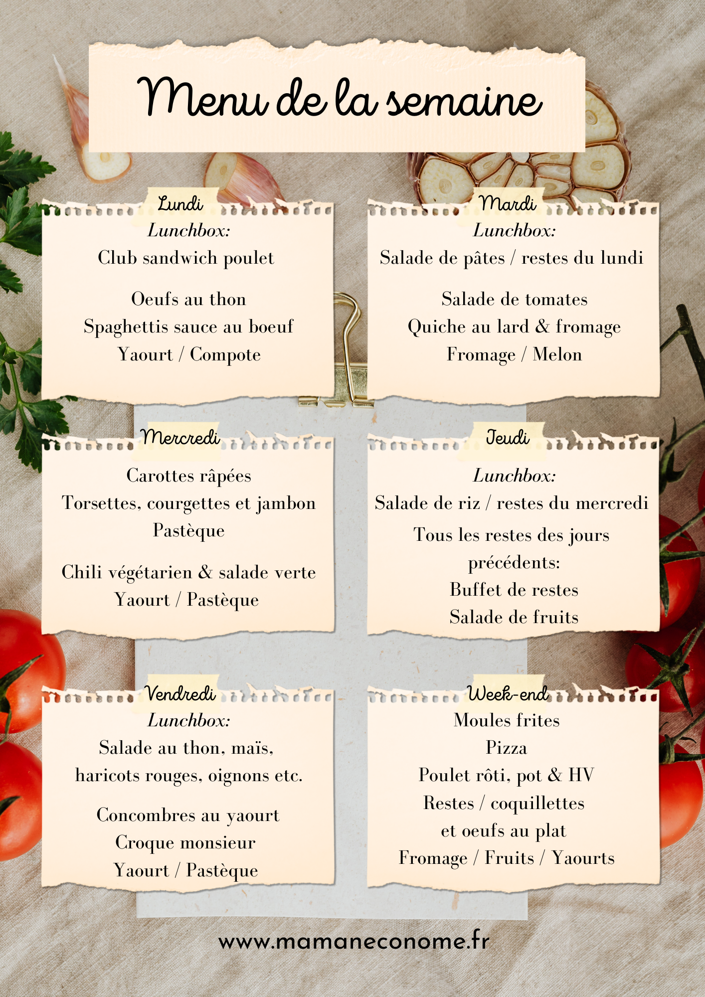 Menu De La Semaine Du 6/09 Au 12/09 – Maman€conome