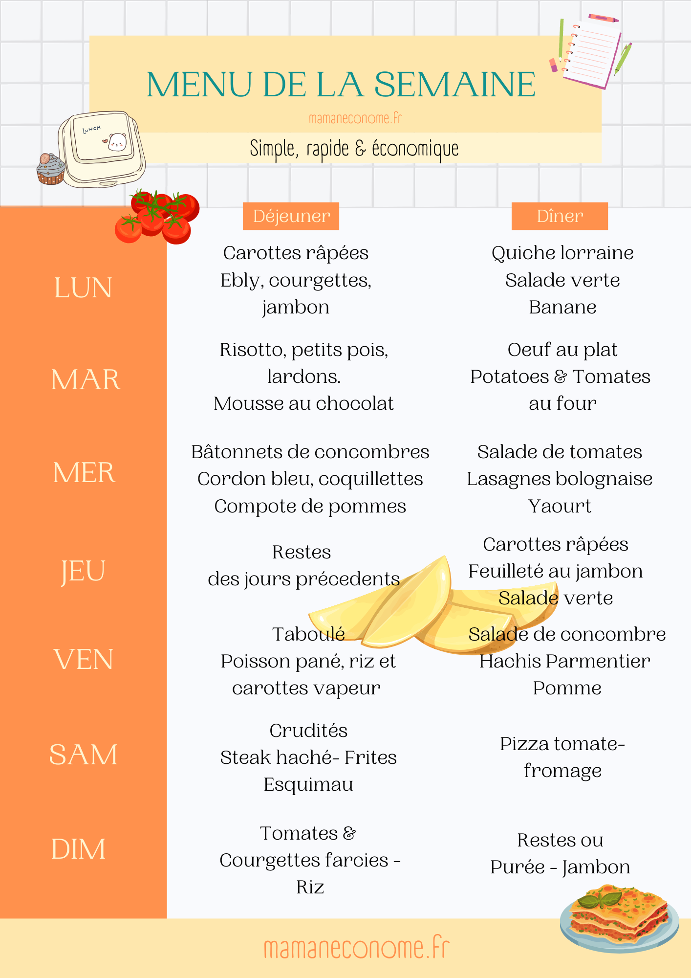 Menu De La Semaine – Spécial Rentrée & Petit Budget – Maman€conome